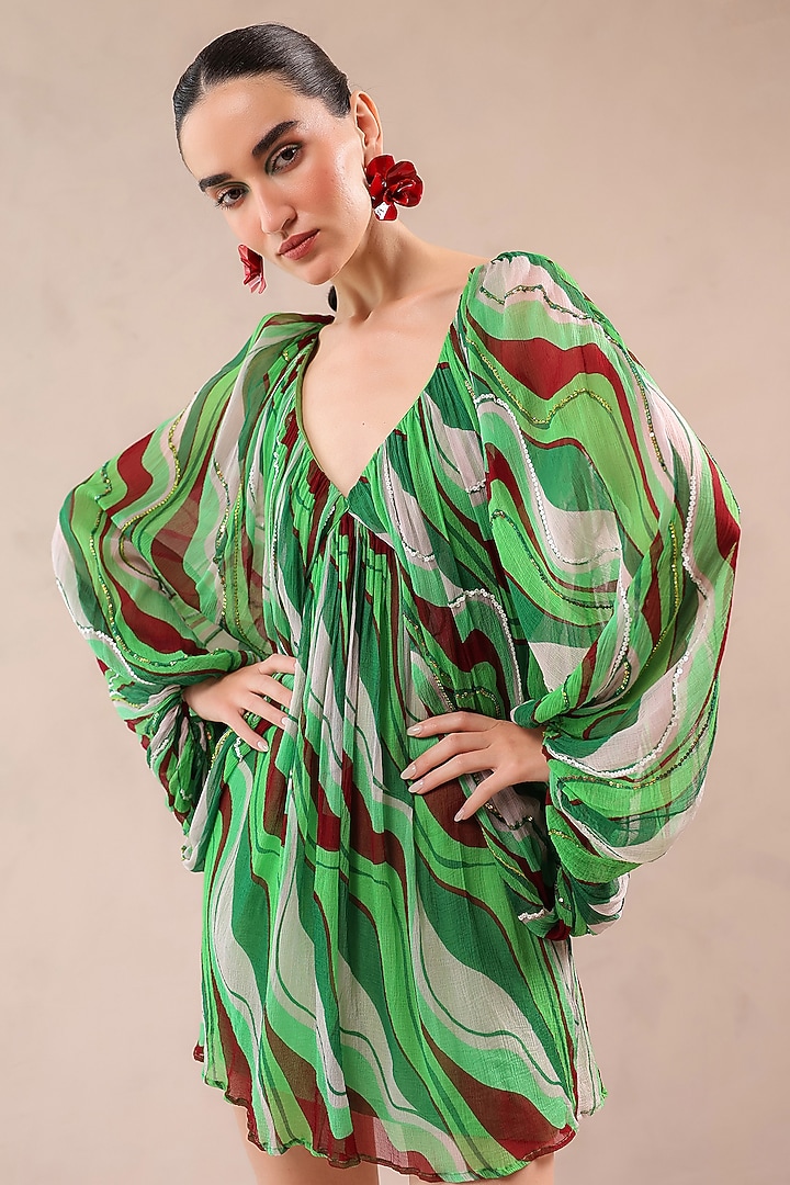 Forest Green Chiffon Lehar Printed Mini Vacation Dress by Pallavi Jaipur at Pernia's Pop Up Shop