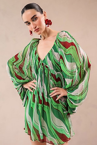 Forest Green Chiffon Lehar Printed Mini Dress by Pallavi Jaipur