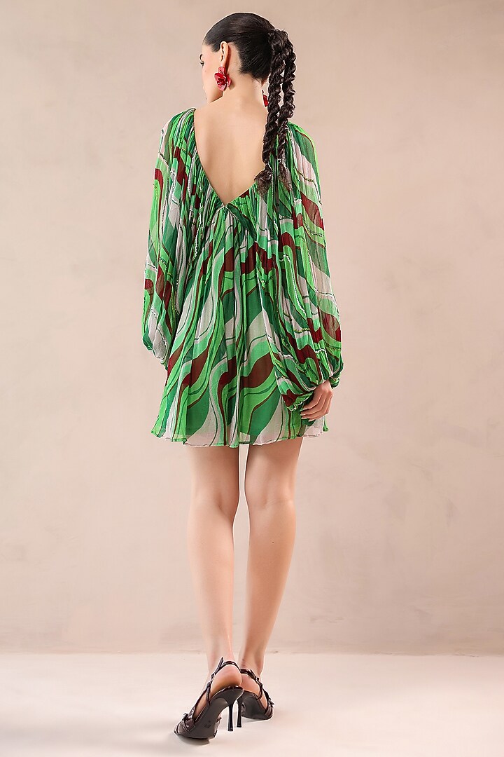 Forest Green Chiffon Lehar Printed Mini Vacation Dress by Pallavi Jaipur at Pernia's Pop Up Shop