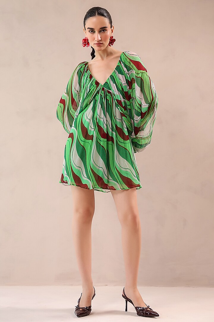 Forest Green Chiffon Lehar Printed Mini Vacation Dress by Pallavi Jaipur at Pernia's Pop Up Shop
