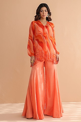 Tangerine Chiffon Leheriya Printed Tunic Set by Pallavi Jaipur