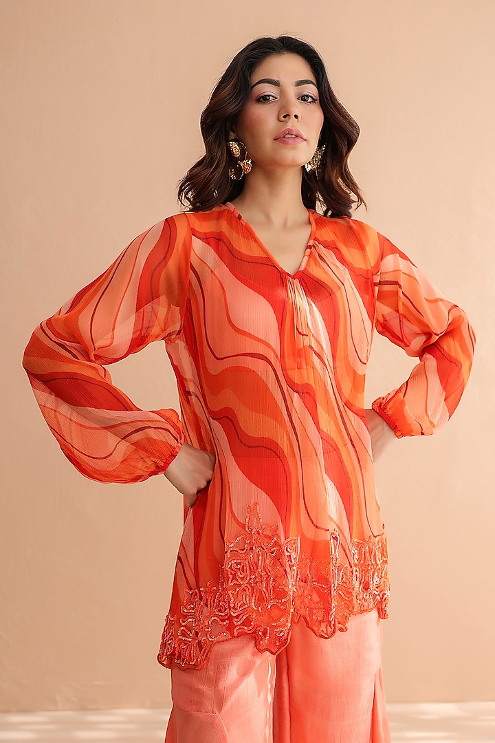 Tangerine Chiffon Leheriya Printed Tunic Set by Pallavi Jaipur at Pernia's Pop Up Shop