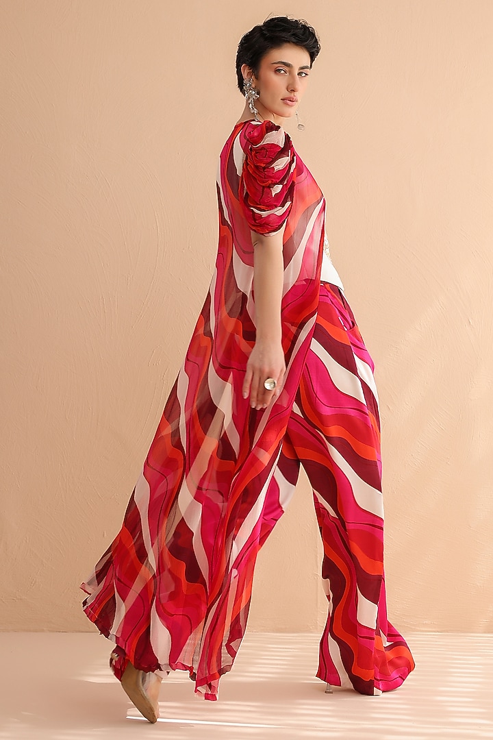Fuchsia Pink Chiffon Leheriya Printed Cape Set by Pallavi Jaipur at Pernia's Pop Up Shop