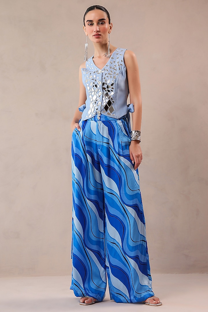 Atlantic Blue Silk Blend Leheriya Printed Pleated Pant Set by Pallavi Jaipur at Pernia's Pop Up Shop