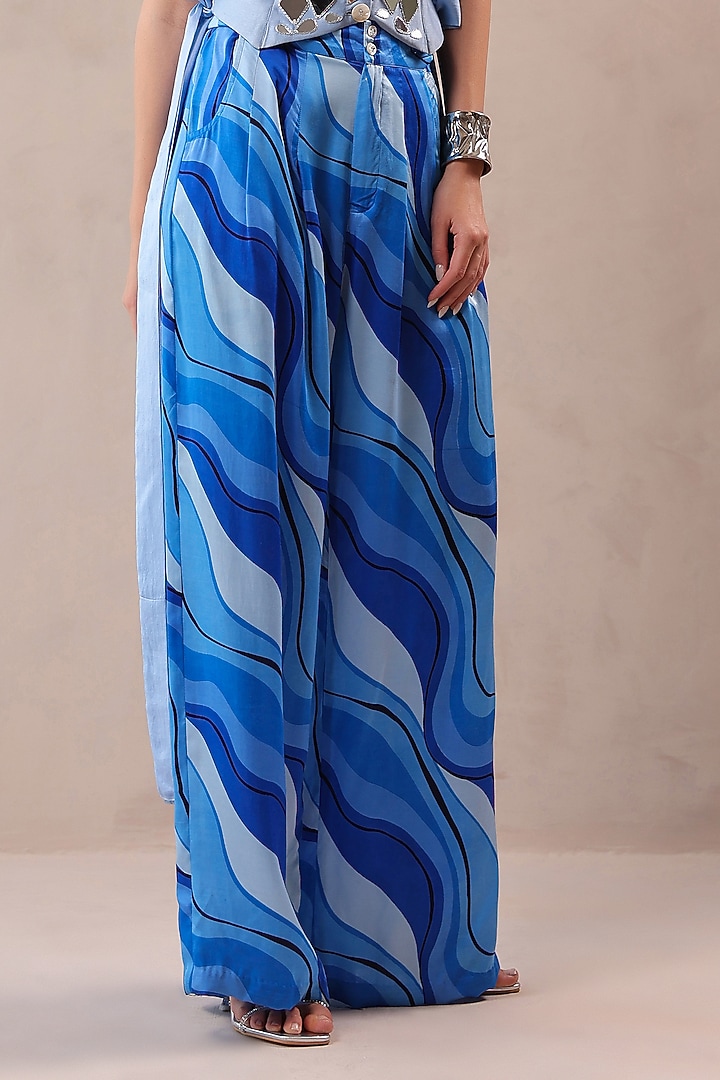 Atlantic Blue Silk Blend Leheriya Printed Pleated Pant Set by Pallavi Jaipur at Pernia's Pop Up Shop