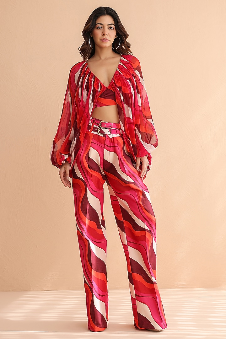 Fuchsia Pink Chiffon & Chanderi Leheriya Printed Co-Ord Set by Pallavi Jaipur at Pernia's Pop Up Shop
