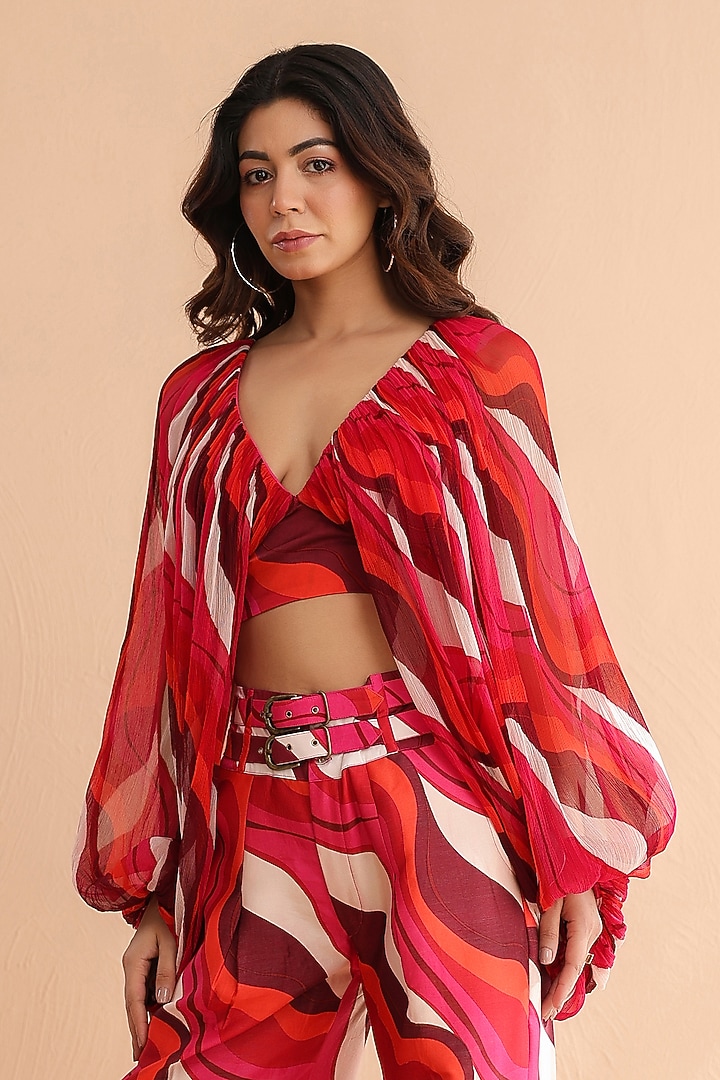 Fuchsia Pink Chiffon & Chanderi Leheriya Printed Co-Ord Set by Pallavi Jaipur at Pernia's Pop Up Shop