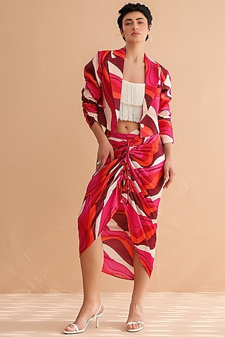 Fuchsia Pink Silk Blend Leheriya Printed Jacket Set by Pallavi Jaipur
