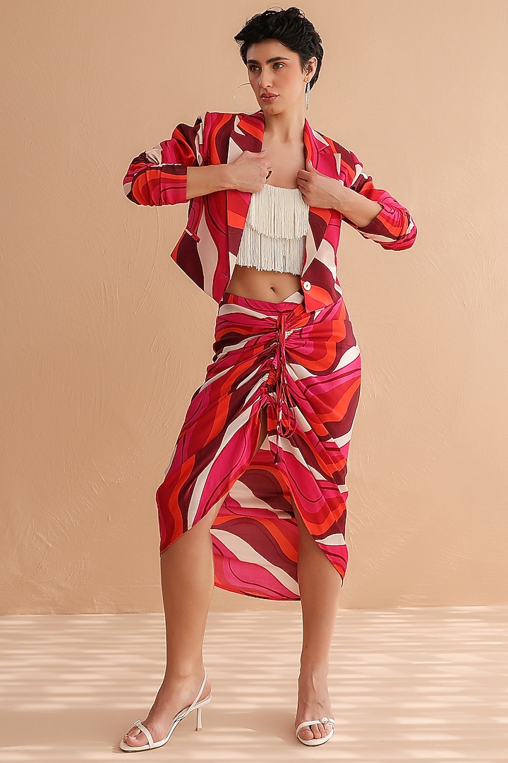 Fuchsia Pink Silk Blend Leheriya Printed Jacket Set by Pallavi Jaipur at Pernia's Pop Up Shop