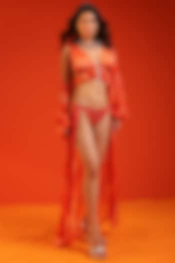 Tangerine Chiffon & Stretch Satin Leheriya Printed Coverup Set by Pallavi Jaipur at Pernia's Pop Up Shop