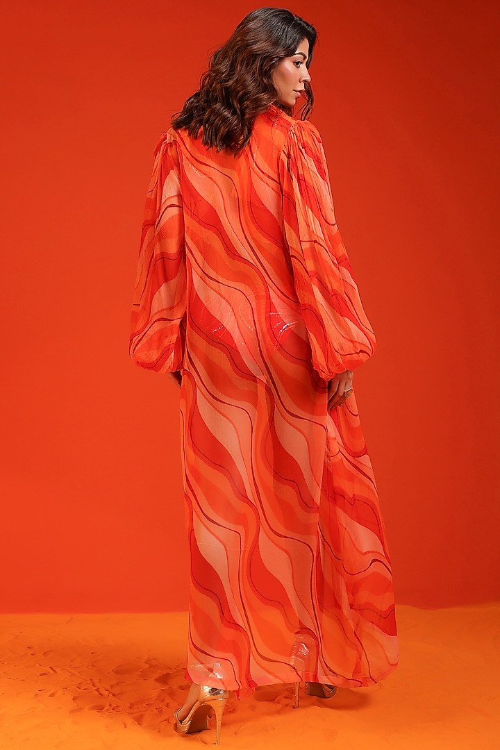Tangerine Chiffon & Stretch Satin Leheriya Printed Coverup Set by Pallavi Jaipur at Pernia's Pop Up Shop