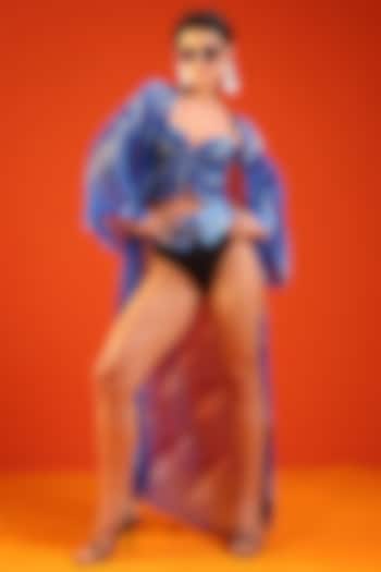 Atlantic Blue Chiffon & Stretch Satin Leheriya Printed Coverup Set by Pallavi Jaipur at Pernia's Pop Up Shop