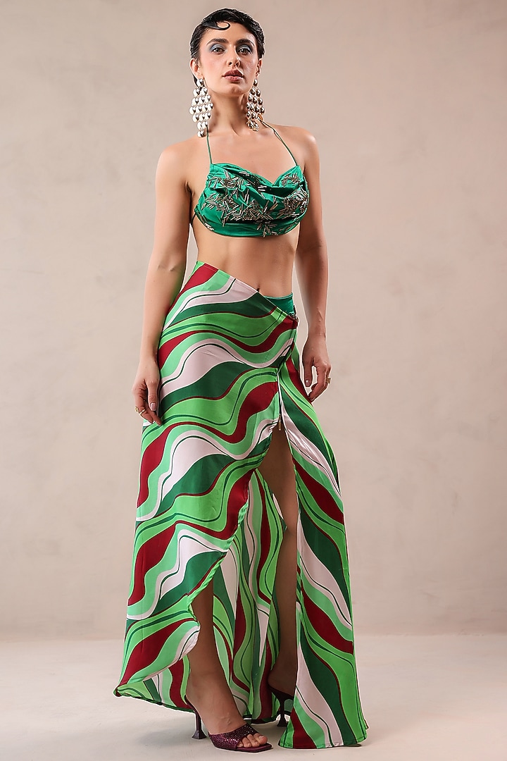 Forest Green Silk Blend Leheriya Printed Cover Up Set by Pallavi Jaipur at Pernia's Pop Up Shop