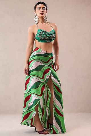 Forest Green Silk Blend Leheriya Printed Cover Up Set by Pallavi Jaipur