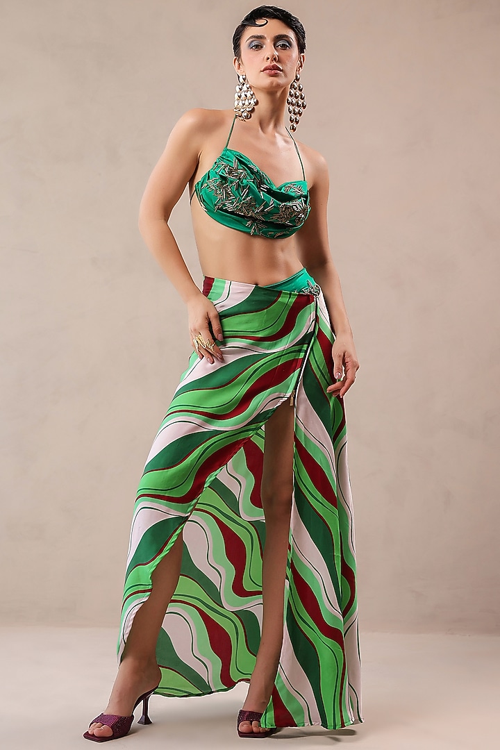 Forest Green Silk Blend Leheriya Printed Cover Up Set by Pallavi Jaipur at Pernia's Pop Up Shop