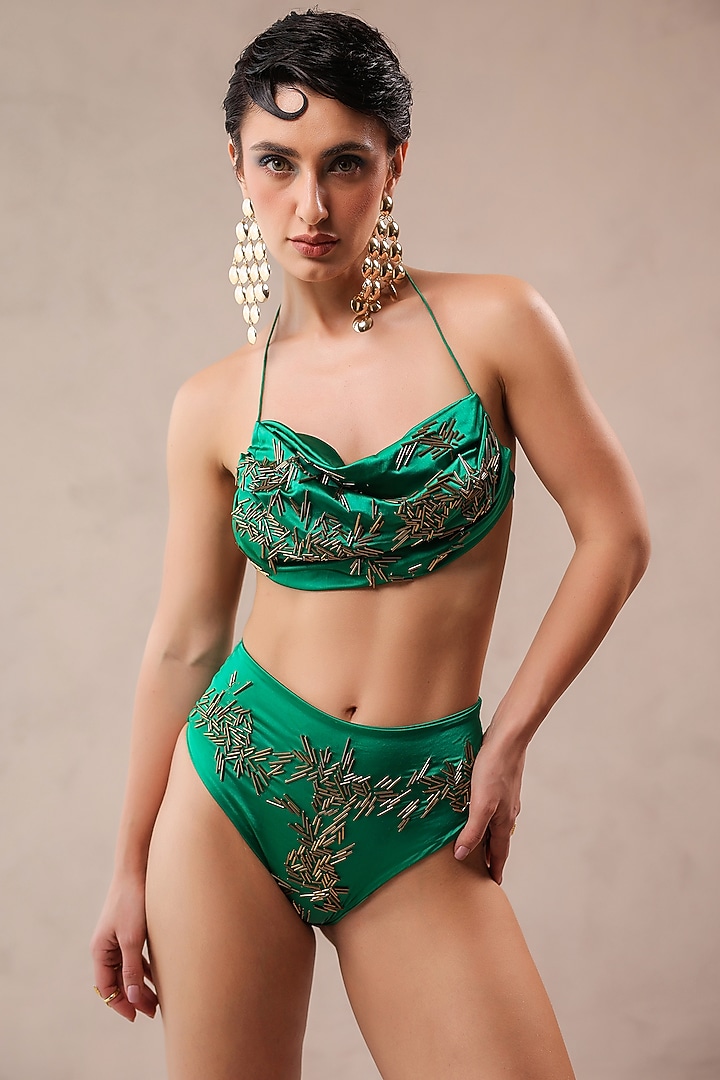 Forest Green Silk Blend Leheriya Printed Cover Up Set by Pallavi Jaipur at Pernia's Pop Up Shop