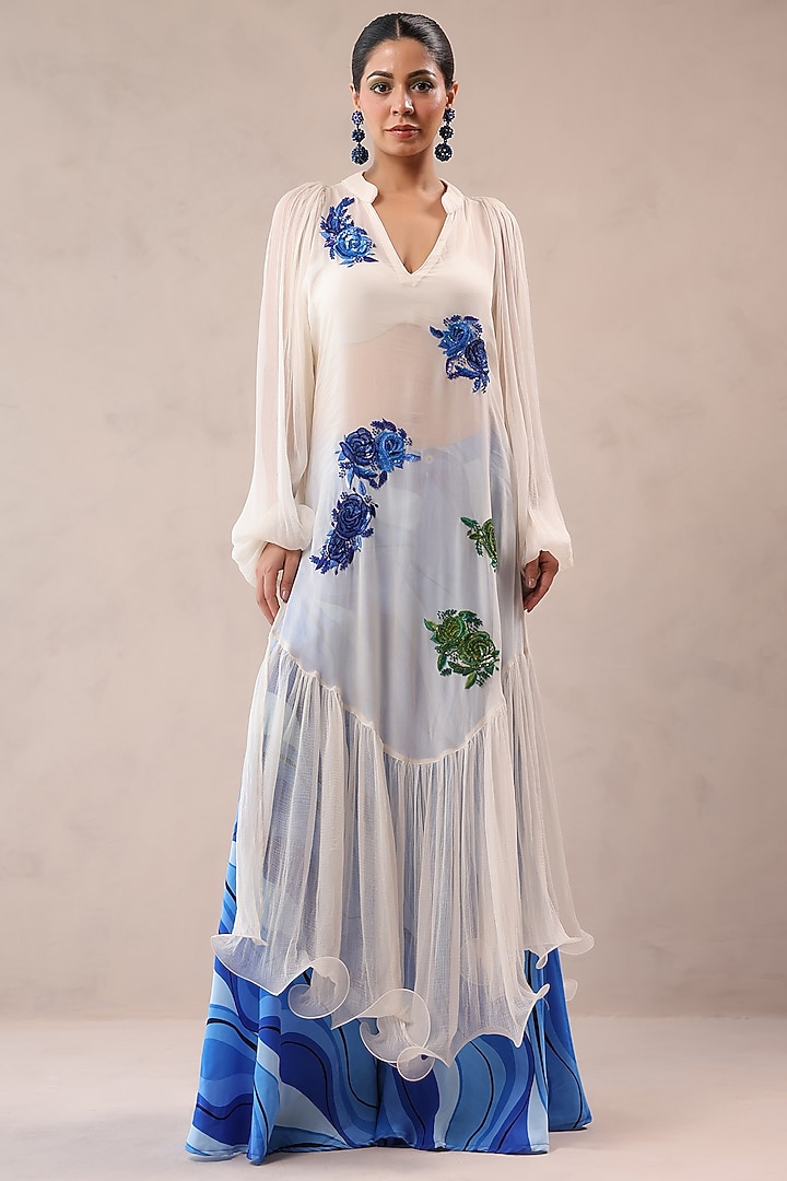 Ivory Chiffon Floral Motif Embroidered Tiered Kurta Set by Pallavi Jaipur at Pernia's Pop Up Shop