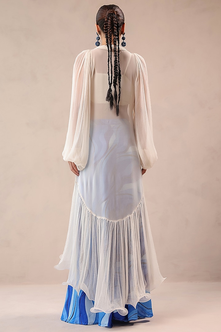 Ivory Chiffon Floral Motif Embroidered Tiered Kurta Set by Pallavi Jaipur at Pernia's Pop Up Shop