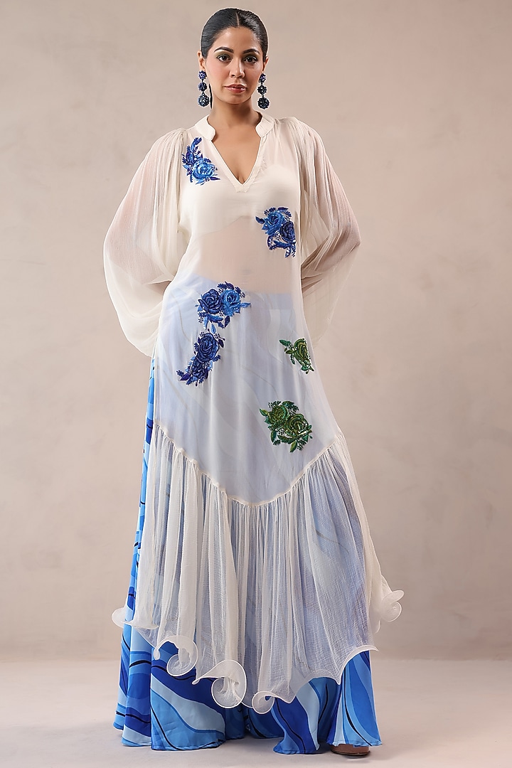 Ivory Chiffon Floral Motif Embroidered Tiered Kurta Set by Pallavi Jaipur at Pernia's Pop Up Shop