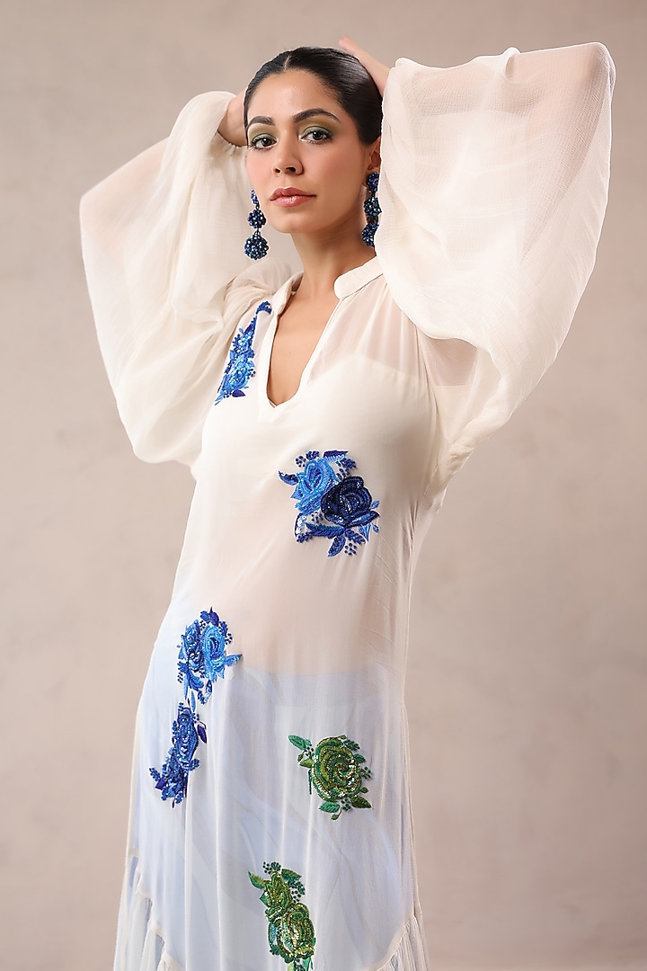 Ivory Chiffon Floral Motif Embroidered Tiered Kurta Set by Pallavi Jaipur at Pernia's Pop Up Shop