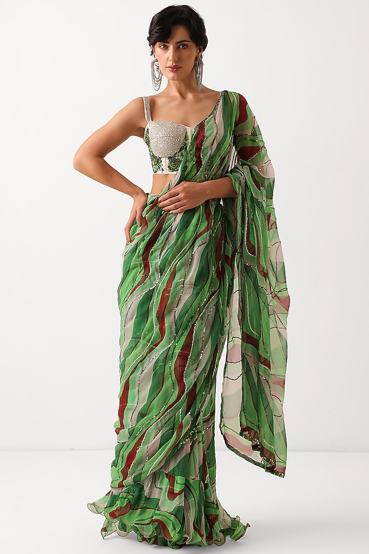 Pacific Green Chiffon Leheriya Printed Pre-Pleated Wedding Saree Set by Pallavi Jaipur at Pernia's Pop Up Shop