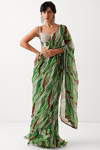 Pacific Green Chiffon Leheriya Printed Pre-Pleated Saree Set by Pallavi Jaipur