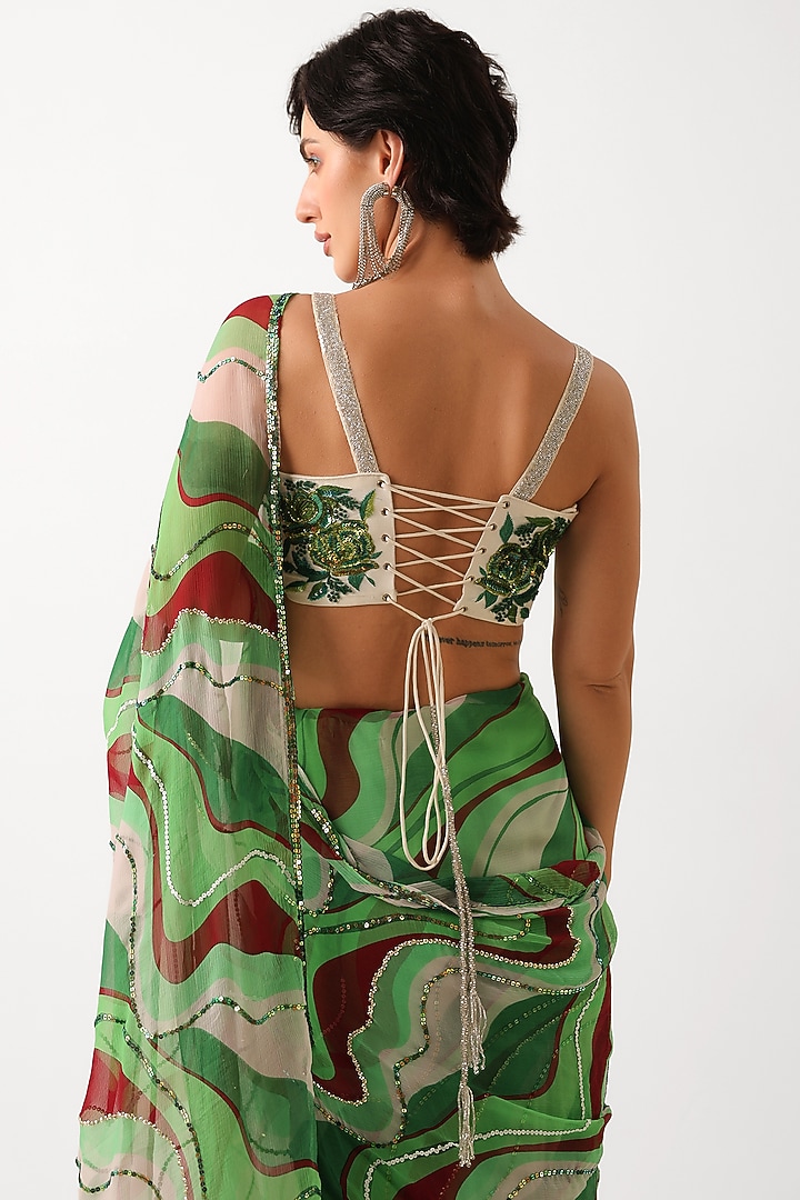 Pacific Green Chiffon Leheriya Printed Pre-Pleated Wedding Saree Set by Pallavi Jaipur at Pernia's Pop Up Shop