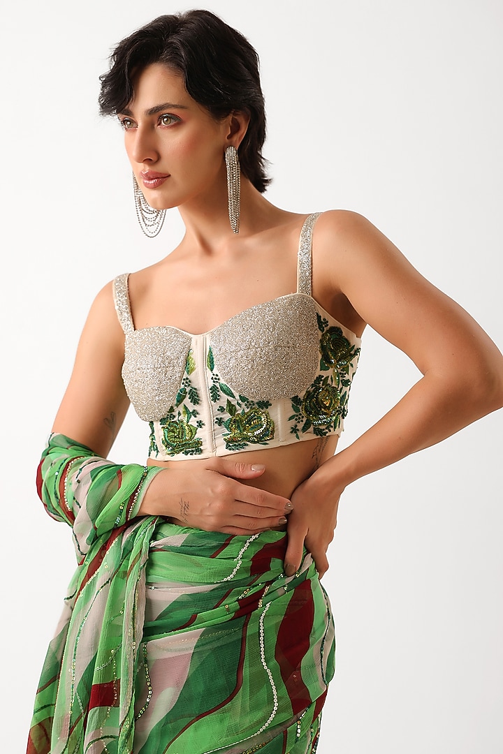Pacific Green Chiffon Leheriya Printed Pre-Pleated Wedding Saree Set by Pallavi Jaipur at Pernia's Pop Up Shop