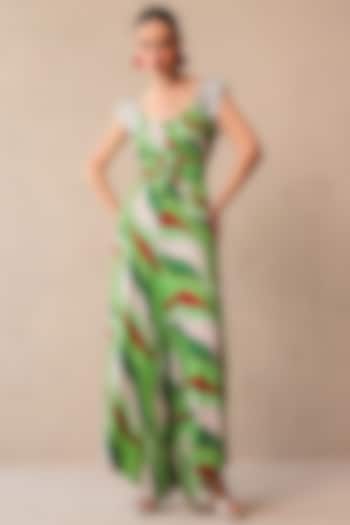 Pacific Green Chiffon Leheriya Printed Jumpsuit by Pallavi Jaipur at Pernia's Pop Up Shop