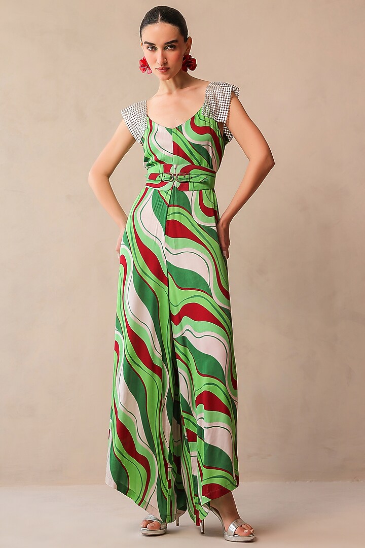 Pacific Green Chiffon Leheriya Printed Jumpsuit by Pallavi Jaipur at Pernia's Pop Up Shop