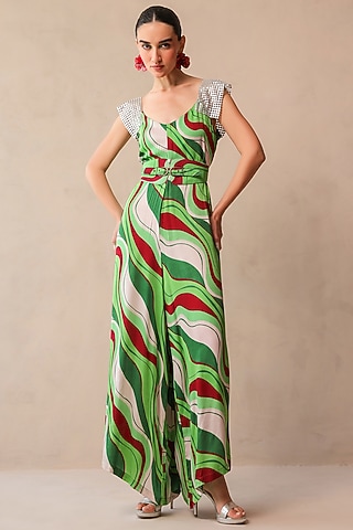 Pacific Green Chiffon Leheriya Printed Jumpsuit by Pallavi Jaipur