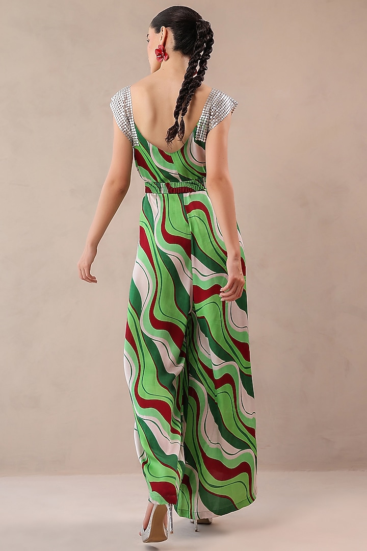 Pacific Green Chiffon Leheriya Printed Jumpsuit by Pallavi Jaipur at Pernia's Pop Up Shop