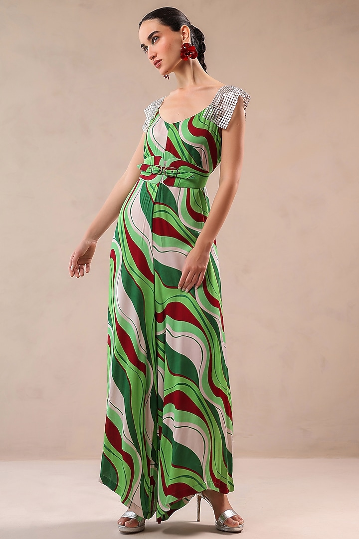 Pacific Green Chiffon Leheriya Printed Jumpsuit by Pallavi Jaipur at Pernia's Pop Up Shop