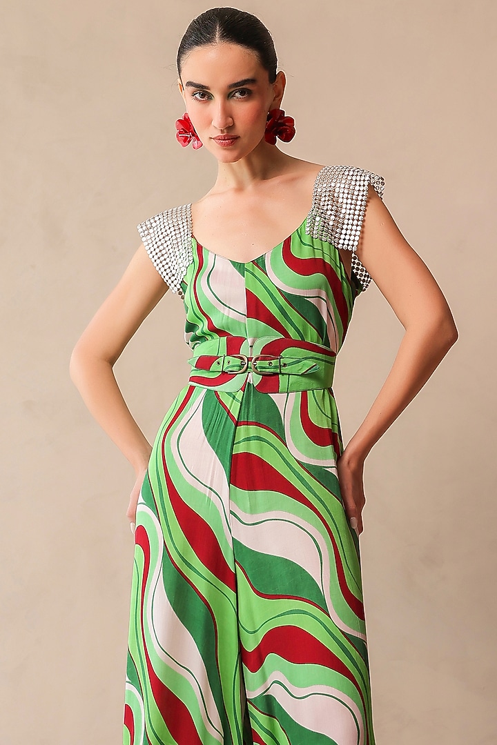 Pacific Green Chiffon Leheriya Printed Jumpsuit by Pallavi Jaipur at Pernia's Pop Up Shop