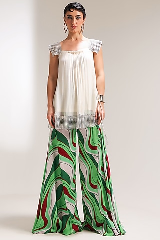 Pacific Green Silk Blend Leheriya Printed Bell-Bottom Pant Set by Pallavi Jaipur