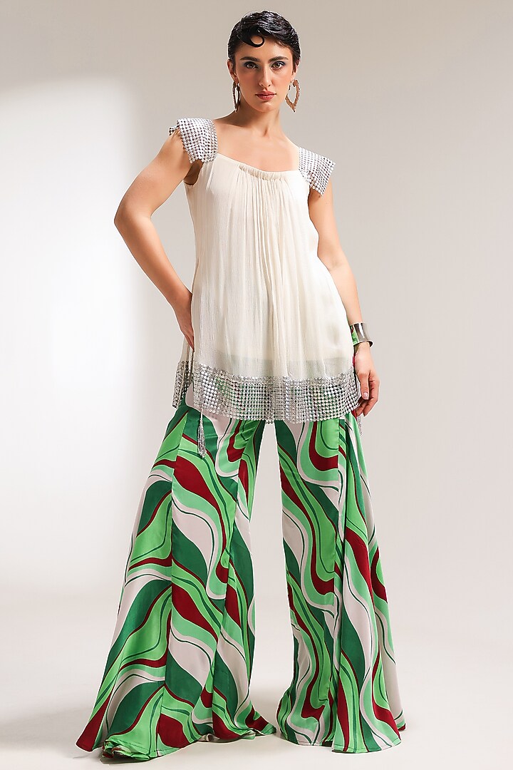 Pacific Green Silk Blend Leheriya Printed Bell-Bottom Pant Set by Pallavi Jaipur at Pernia's Pop Up Shop