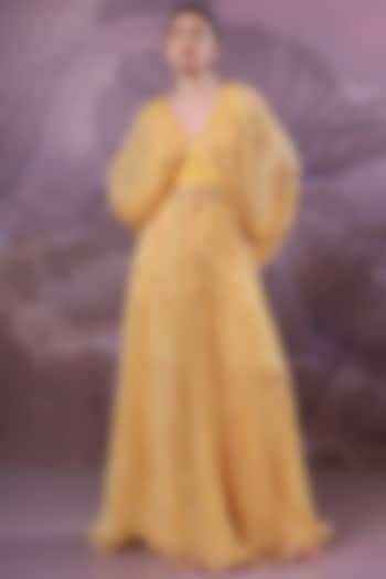 Butter Yellow Chiffon Printed Jacket Set by Pallavi Jaipur at Pernia's Pop Up Shop