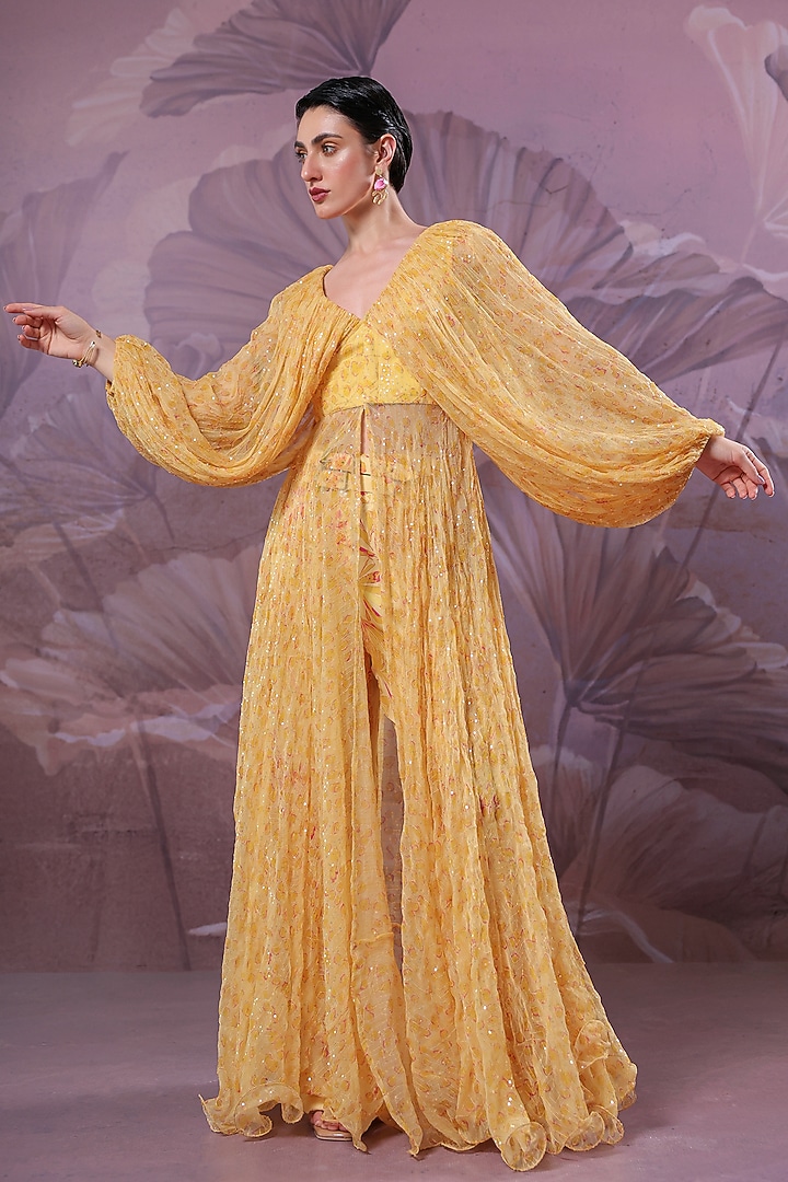 Butter Yellow Chiffon Printed Jacket Set by Pallavi Jaipur at Pernia's Pop Up Shop
