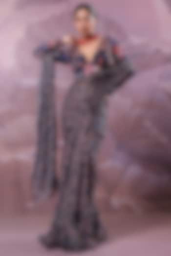 Persian Blue Chiffon Printed Pre-Pleated Ruffled Wedding Saree Set by Pallavi Jaipur at Pernia's Pop Up Shop