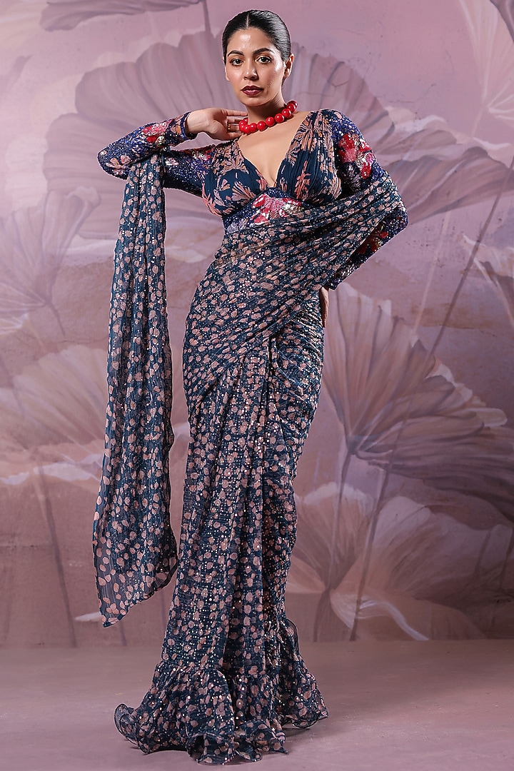 Persian Blue Chiffon Printed Pre-Pleated Ruffled Wedding Saree Set by Pallavi Jaipur at Pernia's Pop Up Shop