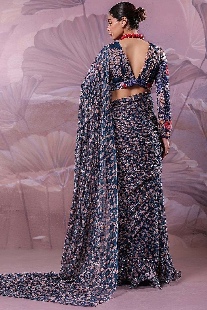 Persian Blue Chiffon Printed Pre-Pleated Ruffled Wedding Saree Set by Pallavi Jaipur at Pernia's Pop Up Shop