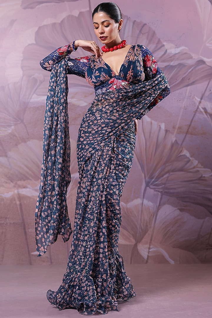 Persian Blue Chiffon Printed Pre-Pleated Ruffled Wedding Saree Set by Pallavi Jaipur at Pernia's Pop Up Shop