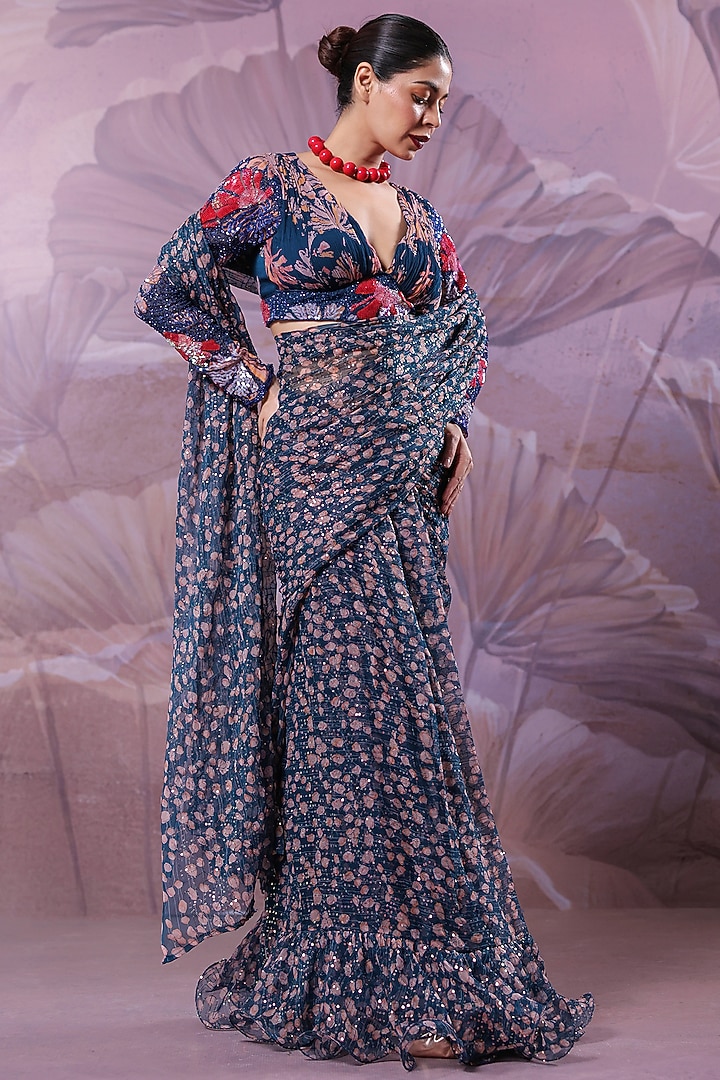 Persian Blue Chiffon Printed Pre-Pleated Ruffled Wedding Saree Set by Pallavi Jaipur at Pernia's Pop Up Shop