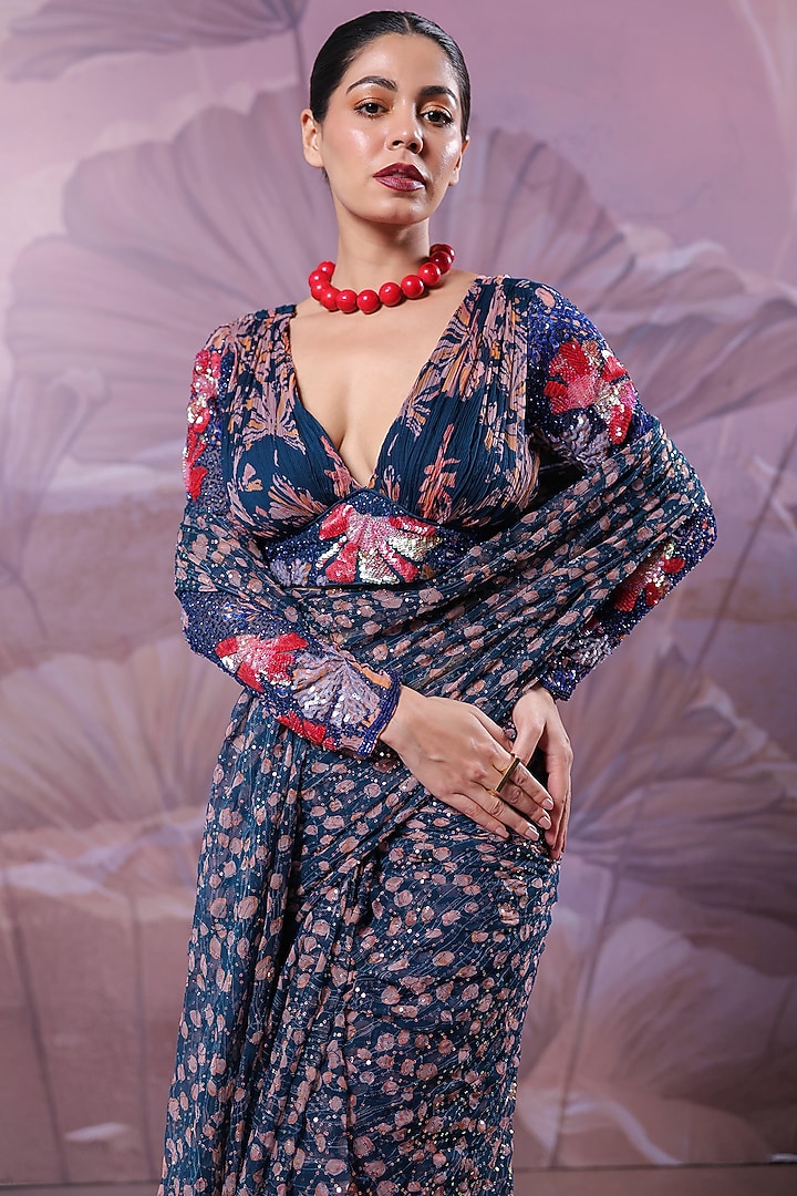 Persian Blue Chiffon Printed Pre-Pleated Ruffled Wedding Saree Set by Pallavi Jaipur at Pernia's Pop Up Shop