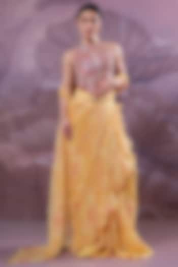 Butter Yellow Chiffon Printed Ready-To-Wear Ruffled Wedding Saree Set by Pallavi Jaipur at Pernia's Pop Up Shop