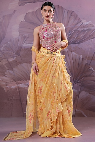 Butter Yellow Chiffon Printed Ready-To-Wear Ruffled Saree Set by Pallavi Jaipur