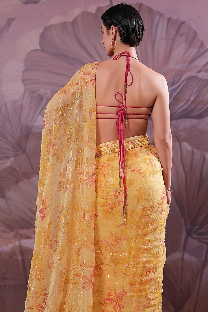 Butter Yellow Chiffon Printed Ready-To-Wear Ruffled Wedding Saree Set by Pallavi Jaipur at Pernia's Pop Up Shop