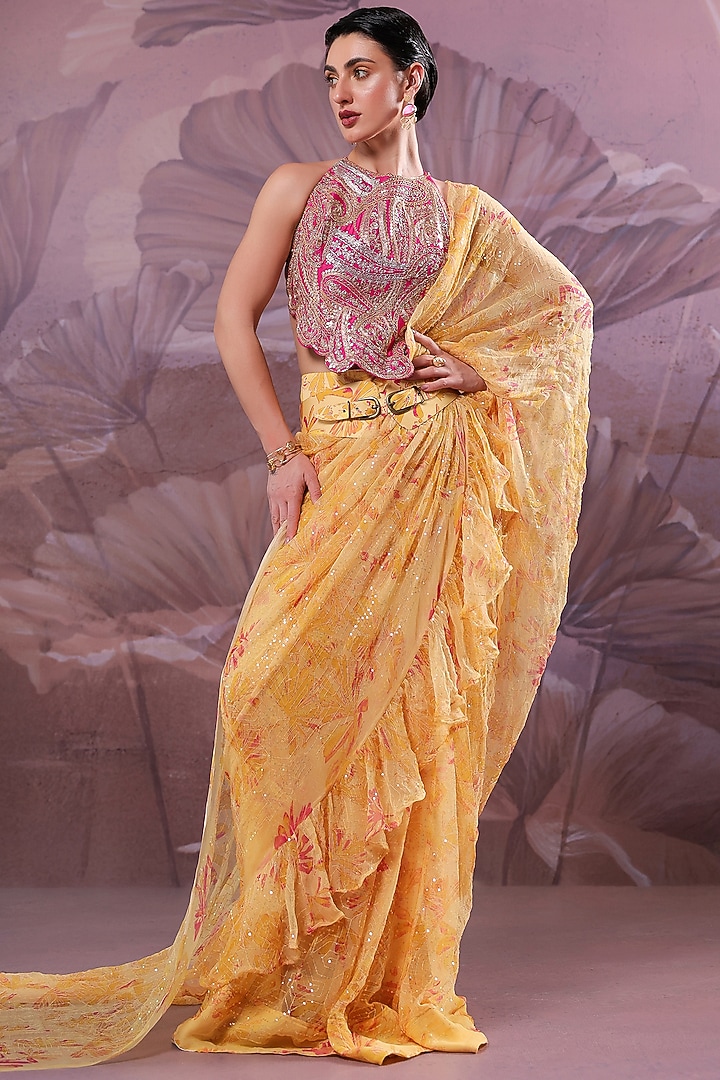 Butter Yellow Chiffon Printed Ready-To-Wear Ruffled Wedding Saree Set by Pallavi Jaipur at Pernia's Pop Up Shop