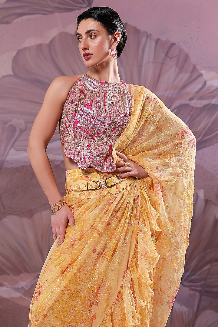 Butter Yellow Chiffon Printed Ready-To-Wear Ruffled Wedding Saree Set by Pallavi Jaipur at Pernia's Pop Up Shop