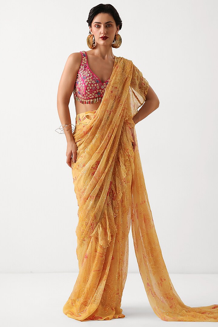 Butter Yellow Chiffon Printed Ready-To-Wear Ruffled Wedding Saree Set by Pallavi Jaipur at Pernia's Pop Up Shop